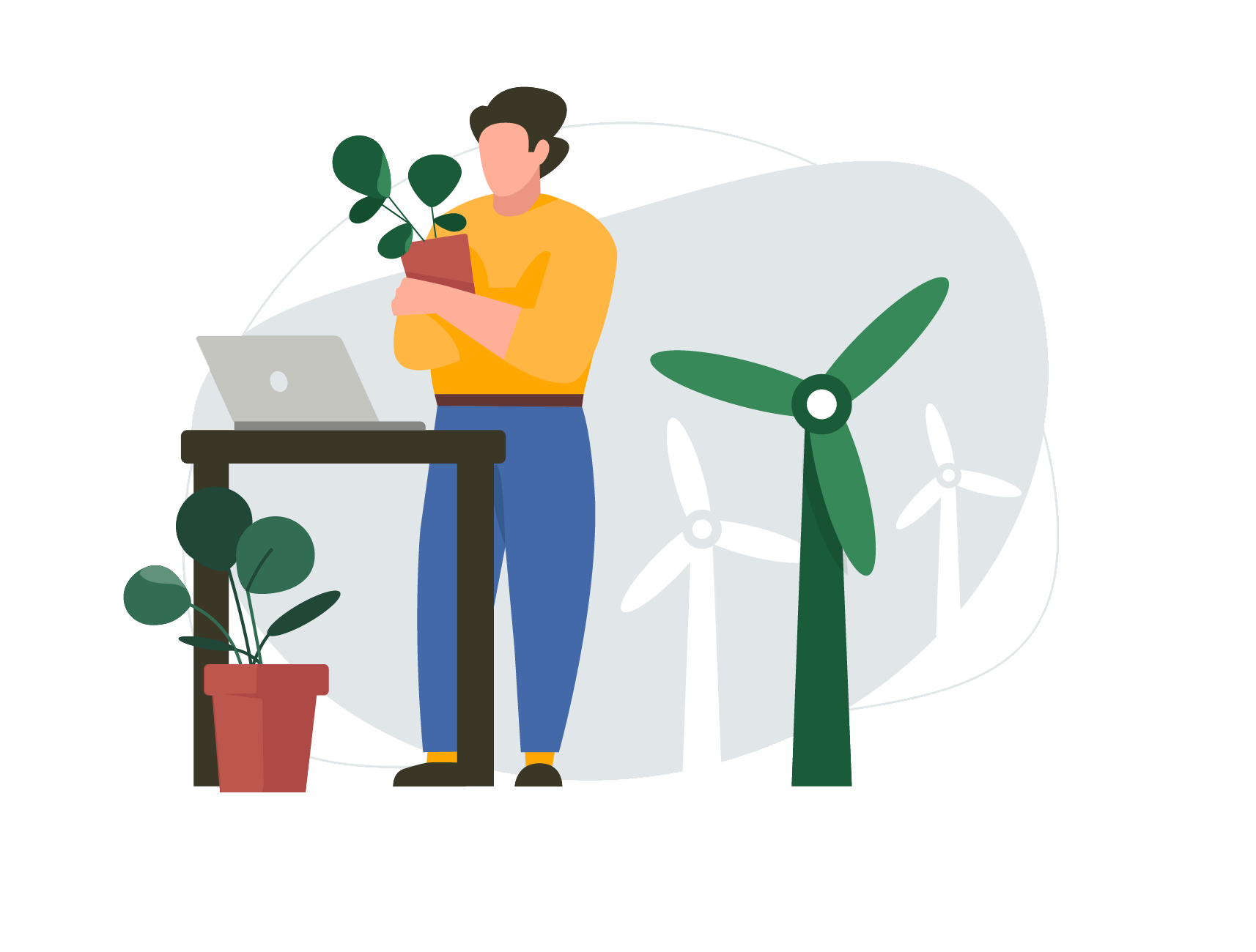 Image d'un homme tenant une plante devant son ordinateur entouré d'éoliennes